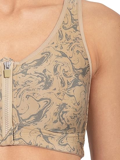 Jockey MI02 Women’s Wirefree Padded Sports Bra – Full Coverage Printed Racerback with Front Zipper